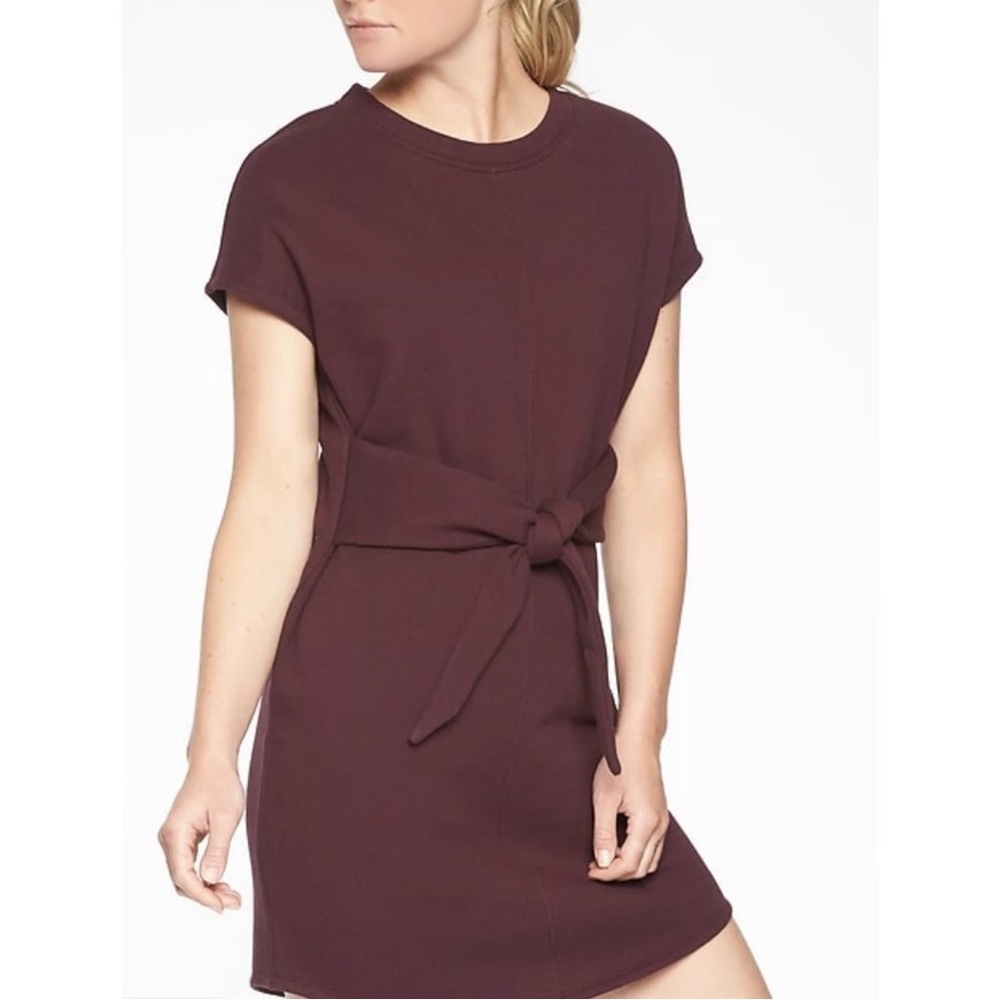 Athleta Embrace Sweatshirt Dress Womens Small Burgundy Maroon Tie Waist Sweater